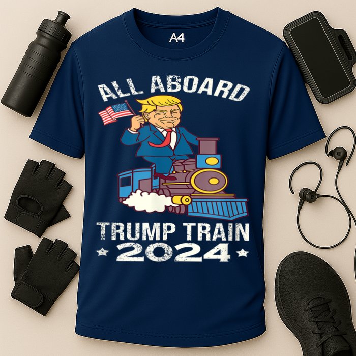 ALL ABOARD TRUMP TRAIN 2024 Patriotic American Flag Cooling Performance Crew T-Shirt