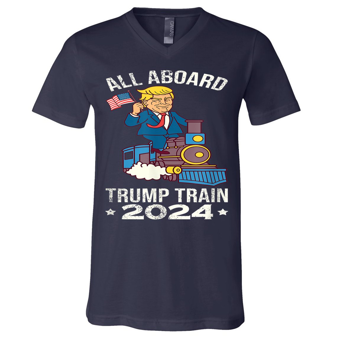 ALL ABOARD TRUMP TRAIN 2024 Patriotic American Flag V-Neck T-Shirt
