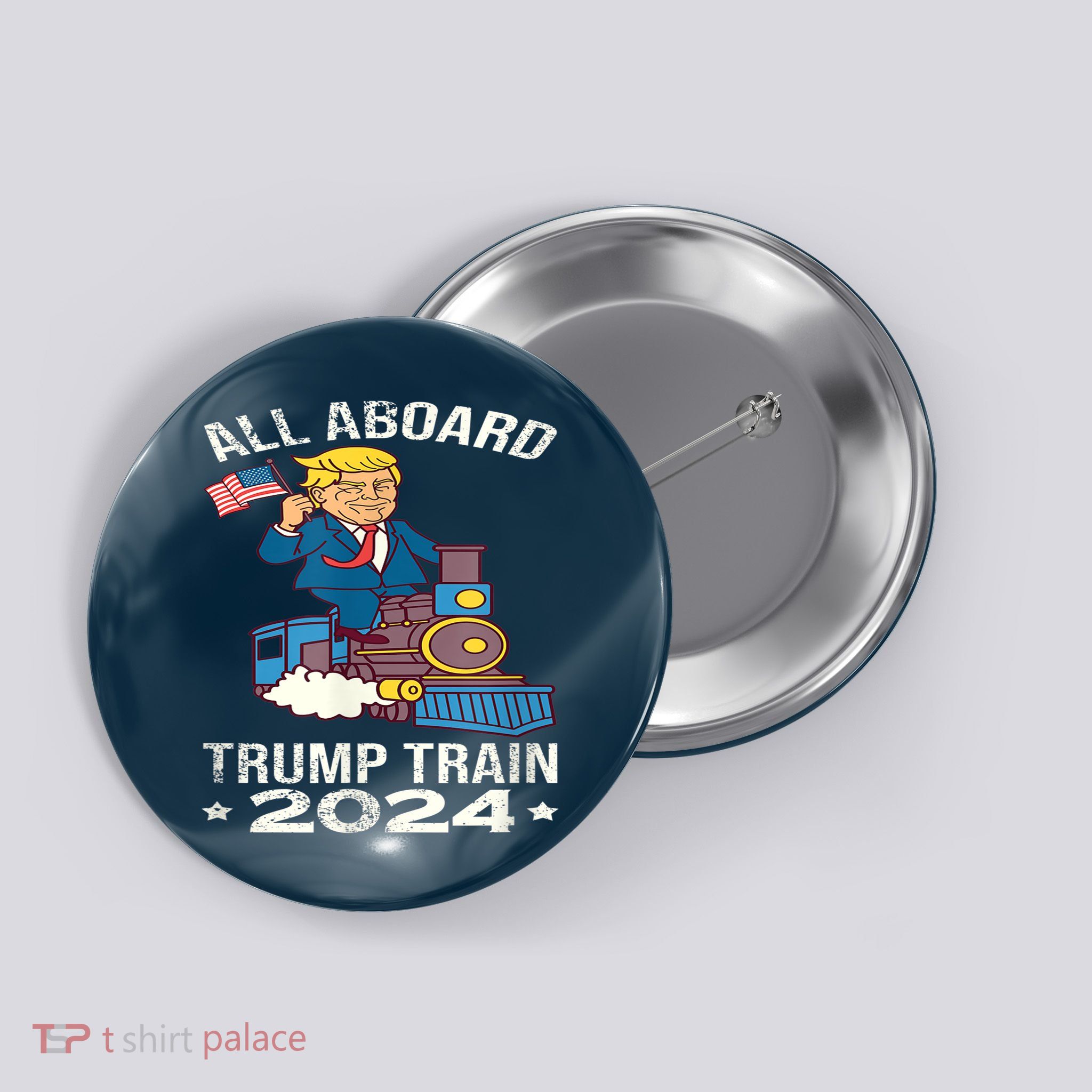 ALL ABOARD TRUMP TRAIN 2024 Patriotic American Flag Button