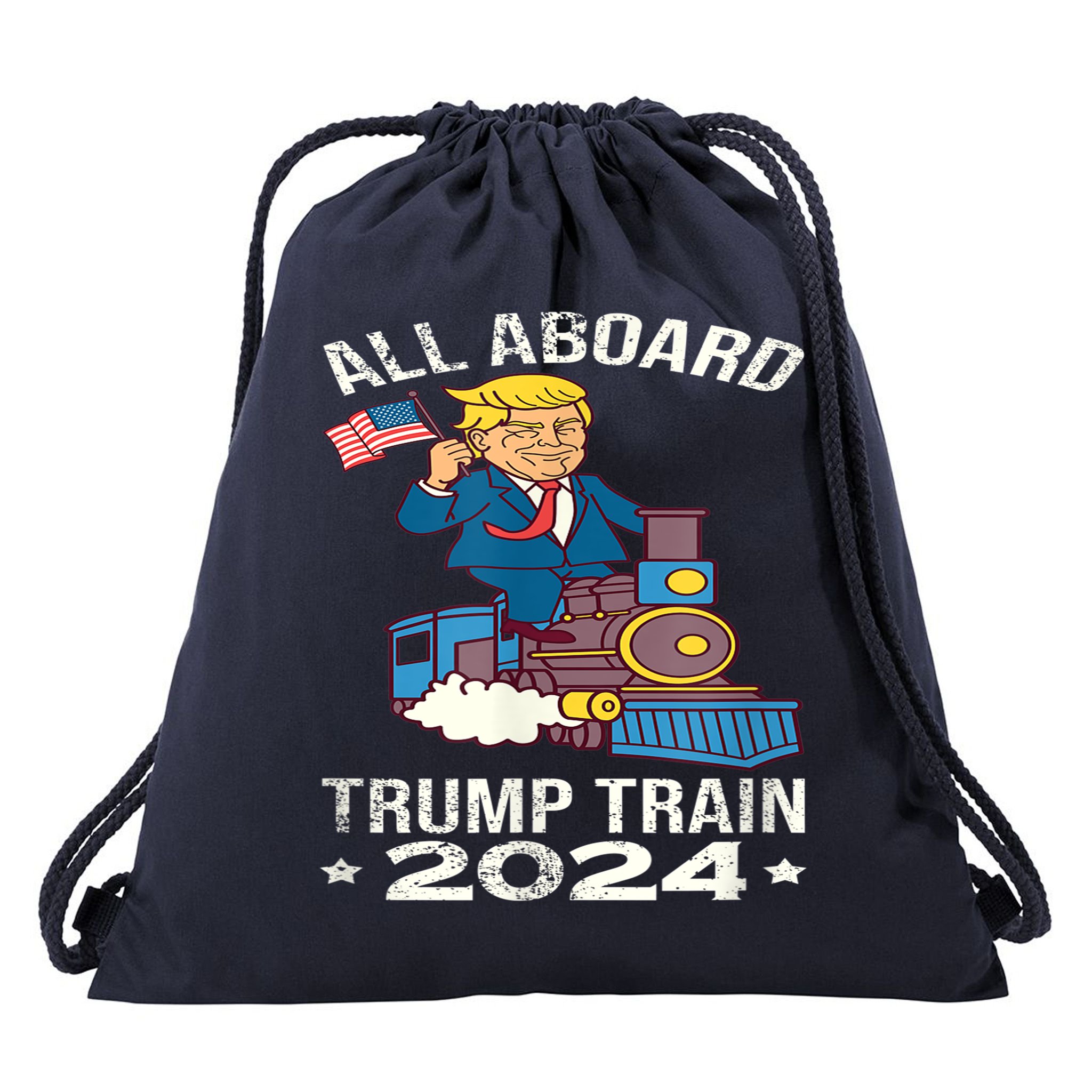 ALL ABOARD TRUMP TRAIN 2024 Patriotic American Flag Drawstring Bag