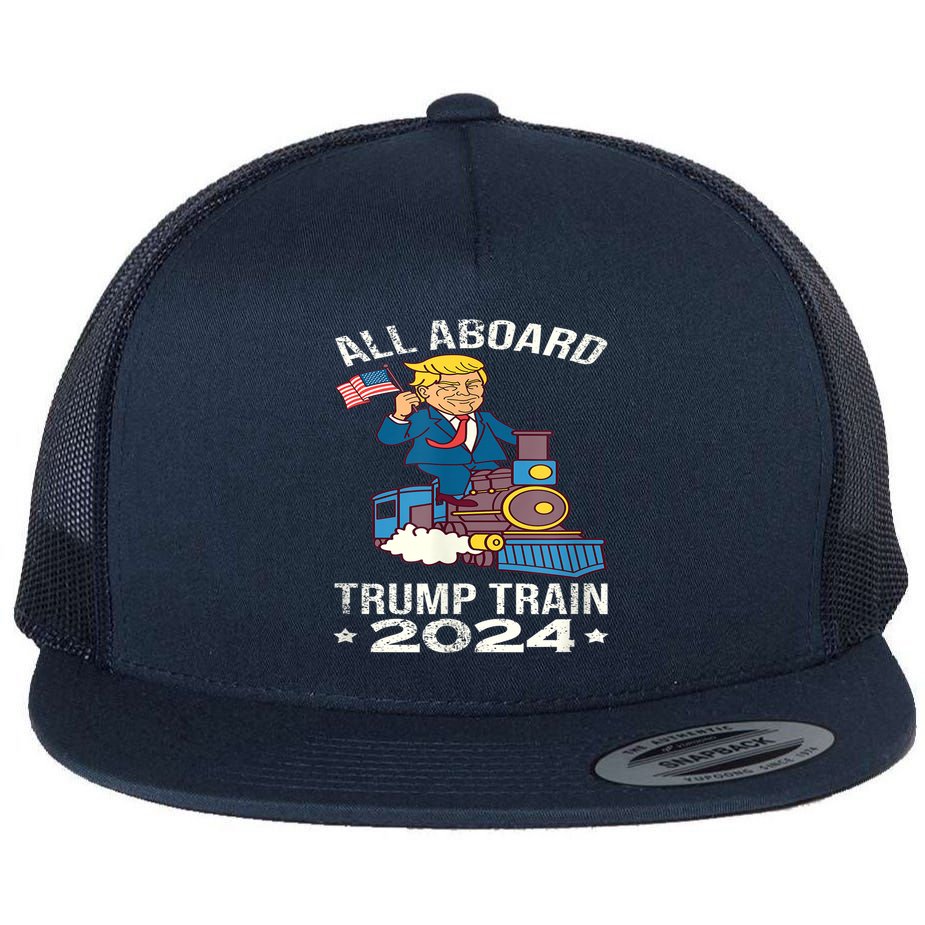 ALL ABOARD TRUMP TRAIN 2024 Patriotic American Flag Flat Bill Trucker Hat