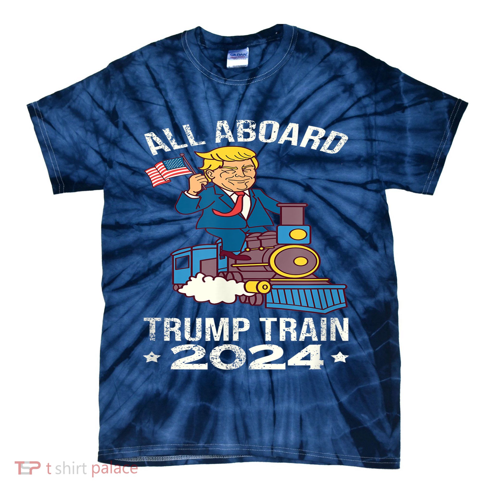 ALL ABOARD TRUMP TRAIN 2024 Patriotic American Flag Tie-Dye T-Shirt