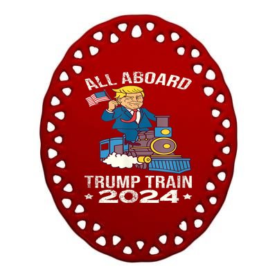 ALL ABOARD TRUMP TRAIN 2024 Patriotic American Flag Ceramic Oval Ornament