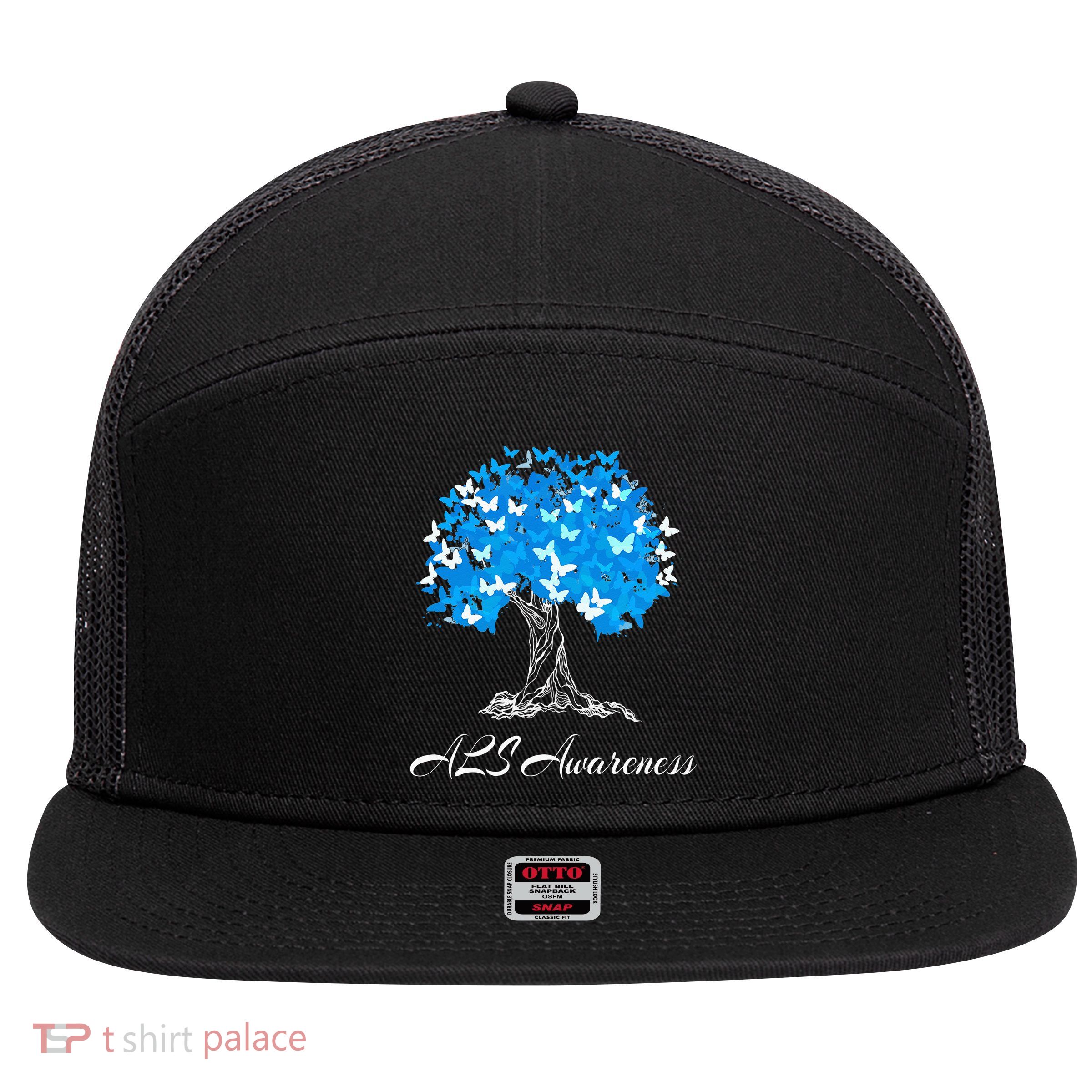 ALS Awareness Tree With Butterflies Support 7 Panel Mesh Trucker Snapback Hat