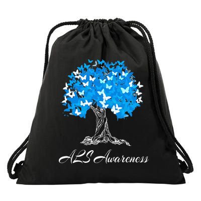 ALS Awareness Tree With Butterflies Support Drawstring Bag