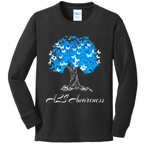 ALS Awareness Tree With Butterflies Support Kids Long Sleeve Shirt