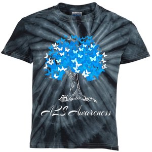 ALS Awareness Tree With Butterflies Support Kids Tie-Dye T-Shirt