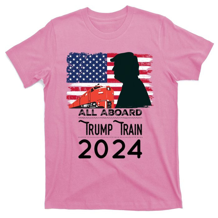 All Aboard Trump Train 2024 Vintage American Flag Apparel T-Shirt