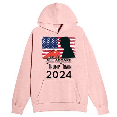 All Aboard Trump Train 2024 Vintage American Flag Apparel Urban Pullover Hoodie