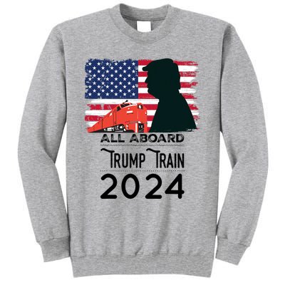 All Aboard Trump Train 2024 Vintage American Flag Apparel Tall Sweatshirt