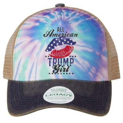 All American Trump Girl Usa Flag Lips Gop Vote 2024 Legacy Tie Dye Trucker Hat