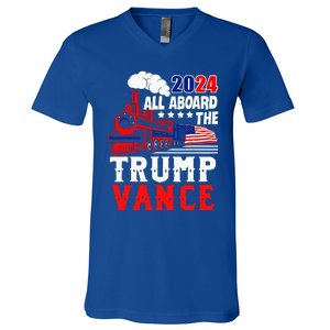 All Aboard The Trump Train 2024 Usa Flag Trump Vance 2024 V-Neck T-Shirt