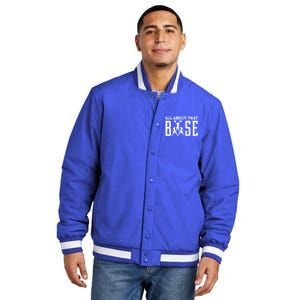 All About That Base Cheerleading Funny Gift Cheer Funny Gift Cheer Cool Gift Insulated Varsity Jacket