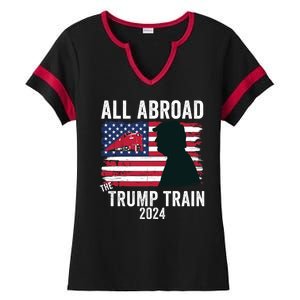 All Aboard The Trump Train 2024 With Grudge Usa Flag & Red Train Ladies Halftime Notch Neck Tee