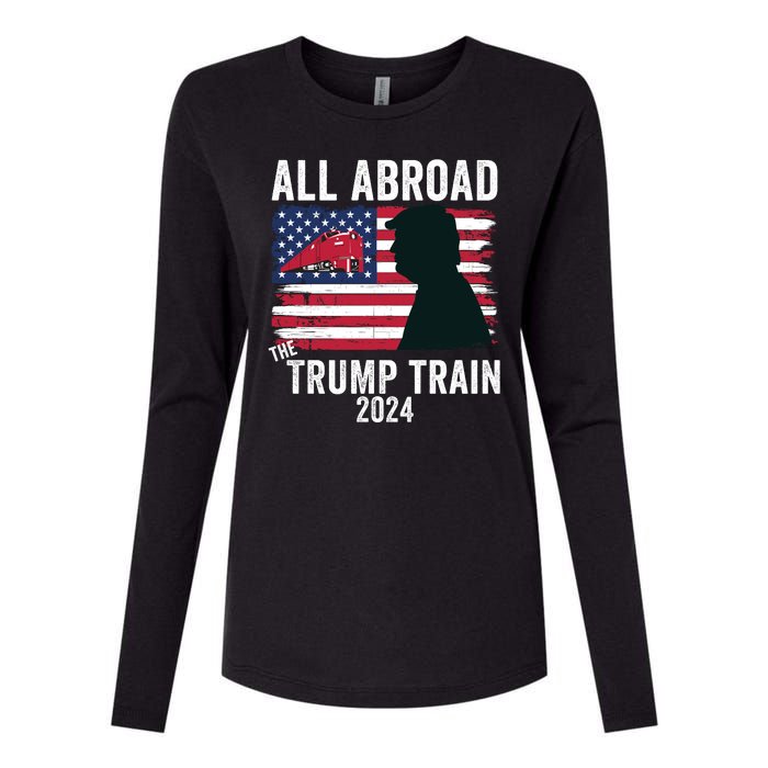 All Aboard The Trump Train 2024 With Grudge Usa Flag & Red Train Womens Cotton Relaxed Long Sleeve T-Shirt