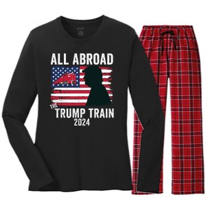 All Aboard The Trump Train 2024 With Grudge Usa Flag & Red Train Women's Long Sleeve Flannel Pajama Set 