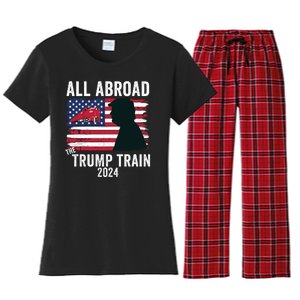 All Aboard The Trump Train 2024 With Grudge Usa Flag & Red Train Women's Flannel Pajama Set