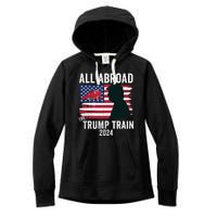 All Aboard The Trump Train 2024 With Grudge Usa Flag & Red Train Women's Fleece Hoodie