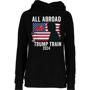 All Aboard The Trump Train 2024 With Grudge Usa Flag & Red Train Womens Funnel Neck Pullover Hood