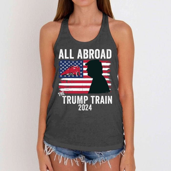 All Aboard The Trump Train 2024 With Grudge Usa Flag & Red Train Women's Knotted Racerback Tank