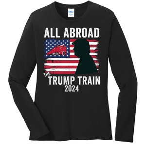 All Aboard The Trump Train 2024 With Grudge Usa Flag & Red Train Ladies Long Sleeve Shirt