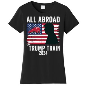 All Aboard The Trump Train 2024 With Grudge Usa Flag & Red Train Women's T-Shirt