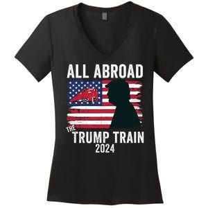 All Aboard The Trump Train 2024 With Grudge Usa Flag & Red Train Women's V-Neck T-Shirt