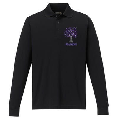 Alzheimer Awareness Tee For Men And Women Purple Butterfly Performance Long Sleeve Polo