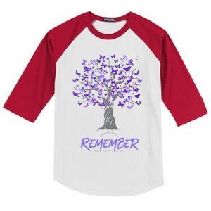 Alzheimer Awareness Tee For Men And Women Purple Butterfly Kids Colorblock Raglan Jersey