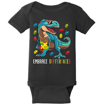 Autism Awareness T-Rex Embrace Differences Dinosaur Baby Bodysuit
