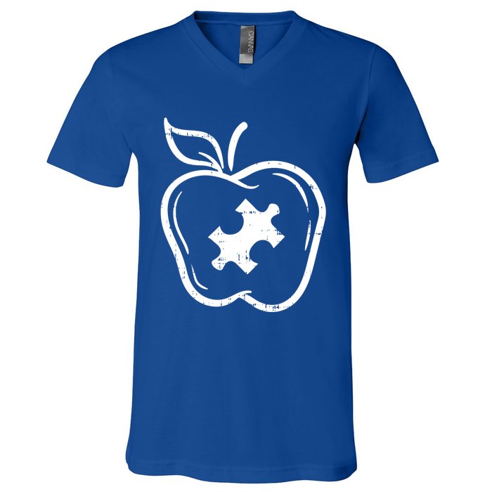 Autism Awareness Teacher Gift Apple Puzzle Autistic Gift V-Neck T-Shirt