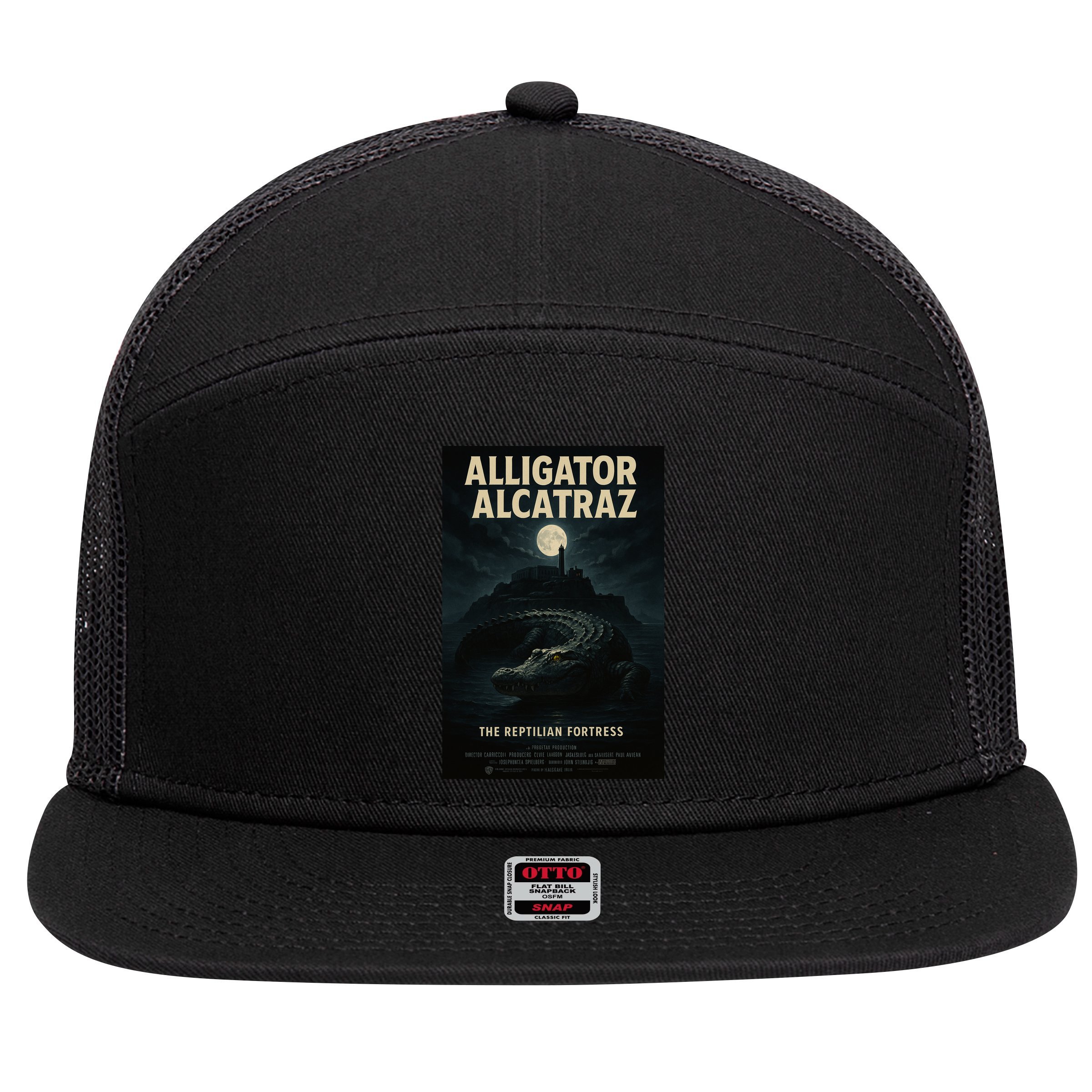 Alligator Alcatraz The Reptilian Fortress Movie Poster 7 Panel Mesh Trucker Snapback Hat