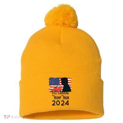 All Aboard Trump Train 2024 Vintage American Flag Apparel Pom Pom 12in Knit Beanie