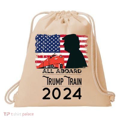 All Aboard Trump Train 2024 Vintage American Flag Apparel Drawstring Bag
