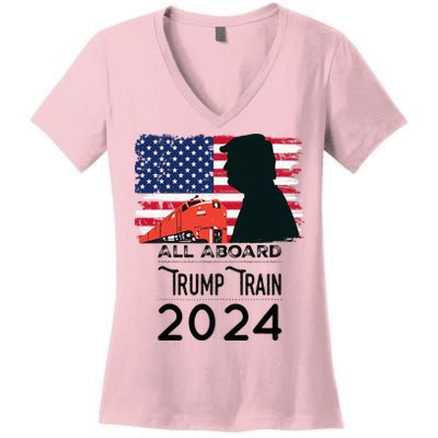 All Aboard Trump Train 2024 Vintage American Flag Apparel Women's V-Neck T-Shirt