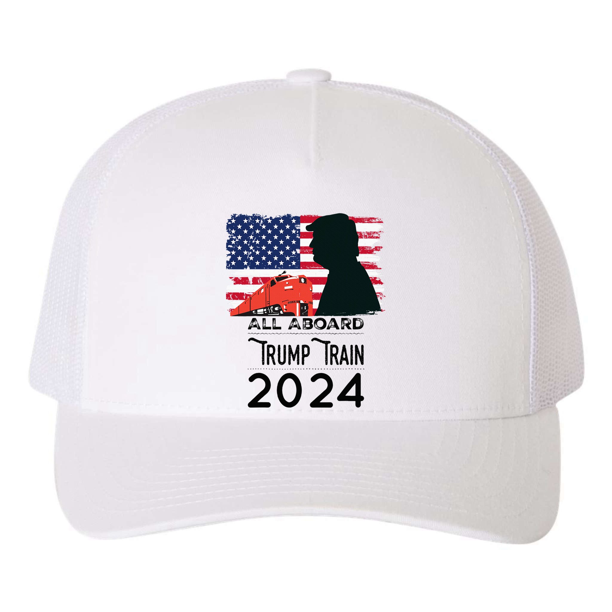 All Aboard Trump Train 2024 Vintage American Flag Apparel Yupoong Adult 5-Panel Trucker Hat