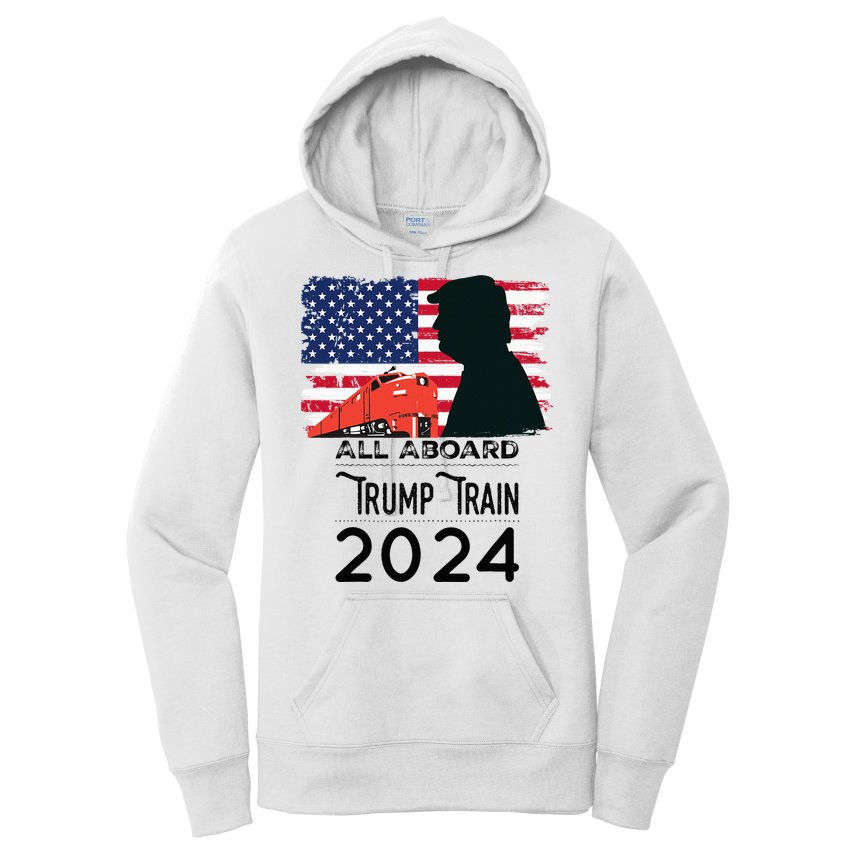 All Aboard Trump Train 2024 Vintage American Flag Apparel Women's Pullover Hoodie