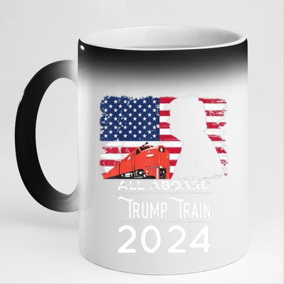 All Aboard Trump Train 2024 Vintage American Flag Apparel 11oz Black Color Changing Mug