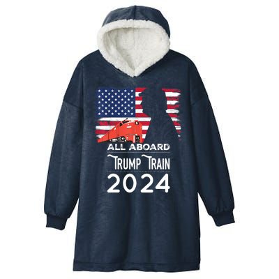 All Aboard Trump Train 2024 Vintage American Flag Apparel Hooded Wearable Blanket