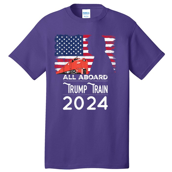 All Aboard Trump Train 2024 Vintage American Flag Apparel Tall T-Shirt