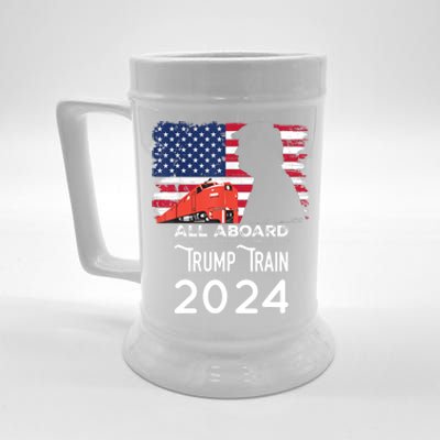 All Aboard Trump Train 2024 Vintage American Flag Apparel Beer Stein