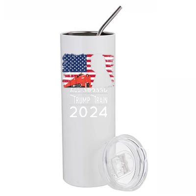 All Aboard Trump Train 2024 Vintage American Flag Apparel Stainless Steel Tumbler