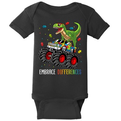 Autism Awareness T-Rex Monster Truck Embrace Differences Baby Bodysuit