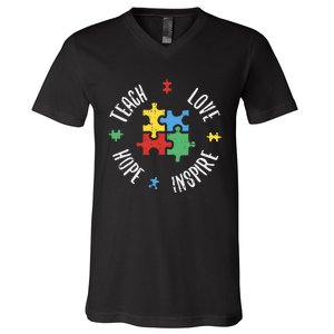 Autism Awareness Teach Love Hope Inspire Special Ed Teacher V-Neck T-Shirt