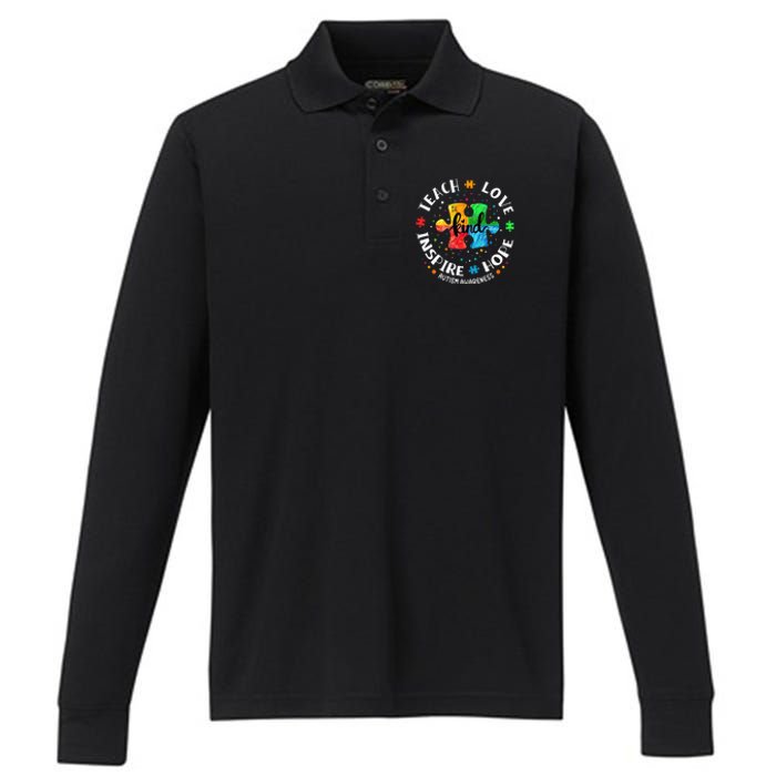 Autism Awareness Teach Hope Love Inspire Performance Long Sleeve Polo