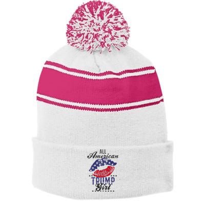 All American Trump Girl Usa Flag Lips Gop Vote 2024 Stripe Pom Pom Beanie