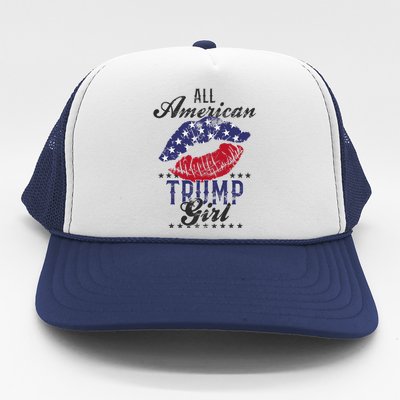 All American Trump Girl Usa Flag Lips Gop Vote 2024 Trucker Hat