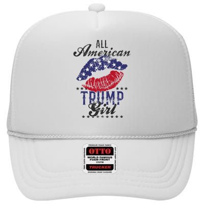 All American Trump Girl Usa Flag Lips Gop Vote 2024 High Crown Mesh Back Trucker Hat