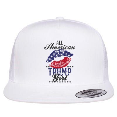 All American Trump Girl Usa Flag Lips Gop Vote 2024 Flat Bill Trucker Hat