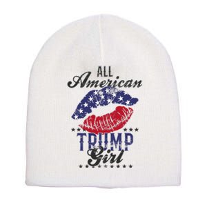 All American Trump Girl Usa Flag Lips Gop Vote 2024 Short Acrylic Beanie